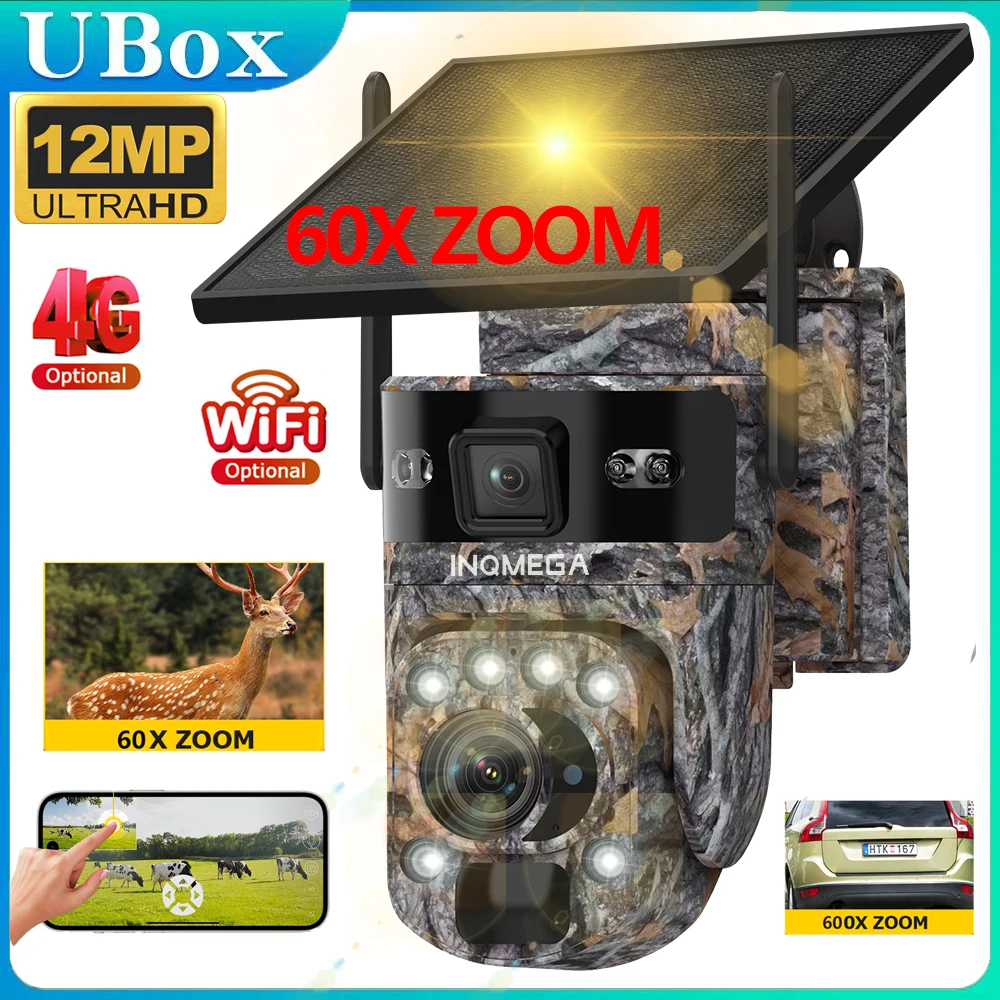 INQMEGA 4G Solar Trail Camera Dual Screen Outdoor WiFi 60X Optical Zoom Human/Animal Detection Auto Tracking Wildlife Cameras
