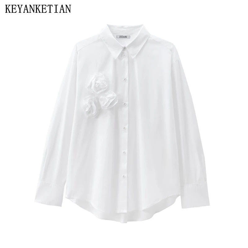 KEYANKETIAN 2024 New Women's Applique Decoration White Shirt Autumn Single Breasted Long Sleeve Elegant Stylish Blouse Loose Top