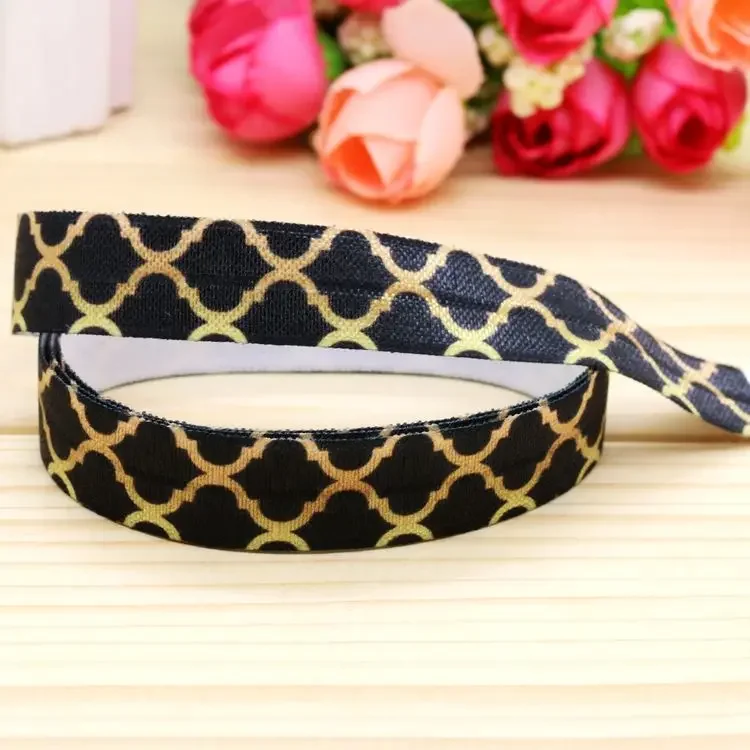 DHK 5/8'' 5yards Fold Elastic FOE gold color Quatrefoil printed headband headwear hairband diy decoration OEM Wholesale E143