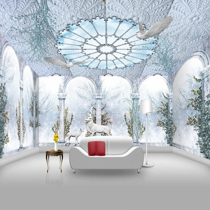 

3D Stereo Custom Any Size Wall Ceiling Wallpaper Creative Home Decor Design Snow Deer White Column Balcony Photo Mural