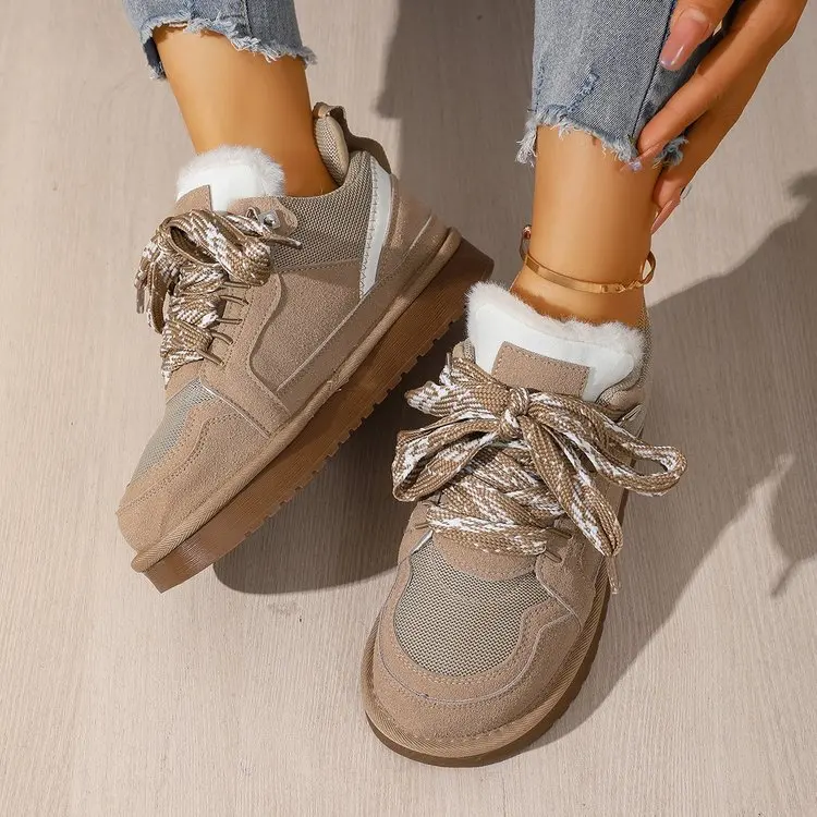 Damen Echt-Schaffell-Wollschneestiefel 2026 Neues Design Niedriger Schaft Dicke Sohle Schnürung Natürliches Fell Warme Baumwollschuhe Winter Herren Hausschuhe – Detail 7