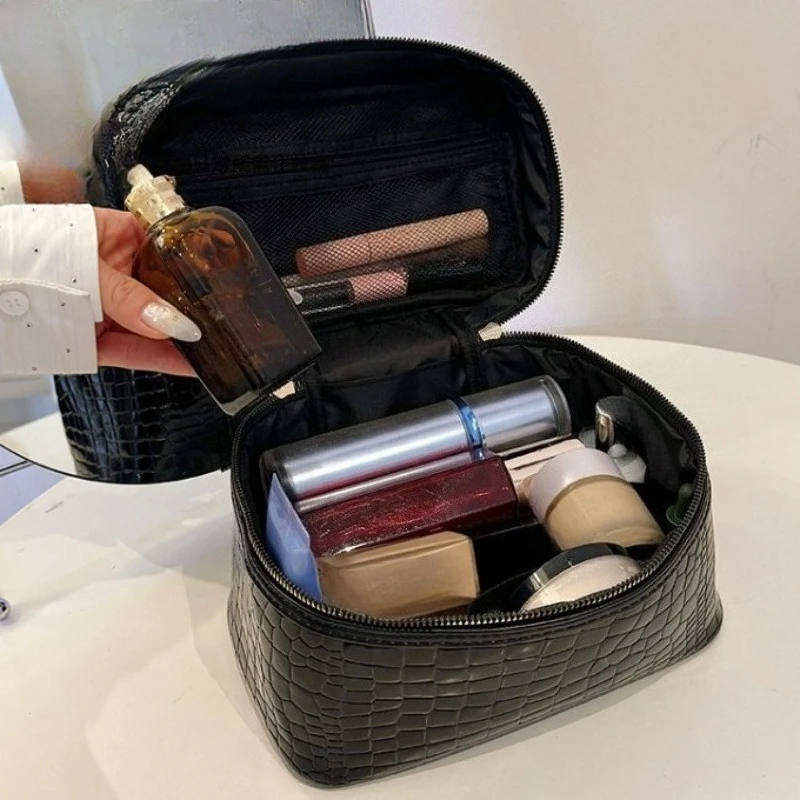 Leather Handbag Makeup Bag Large Capacity Handheld Cosmetic Organizer Toiletry Bag for Women Make Up Case Pouch
