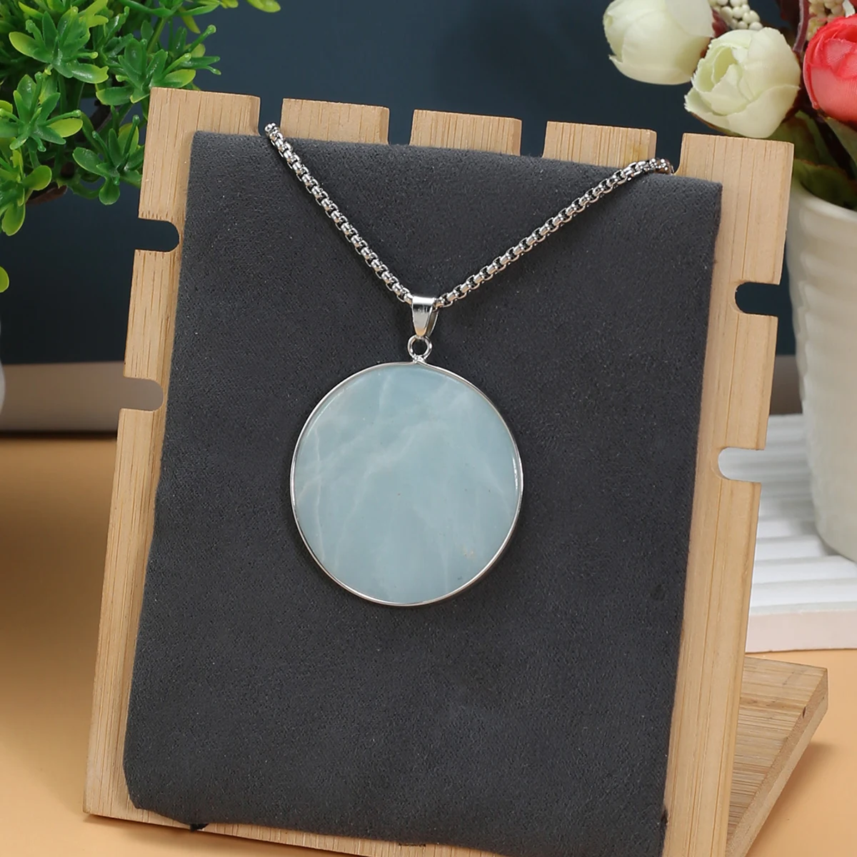 41x41mm Round Shape Natural Stone Necklace Pendants Amazonite Flash Labradorite Jewelry Necklace Women Men Stainless Steel 60cm