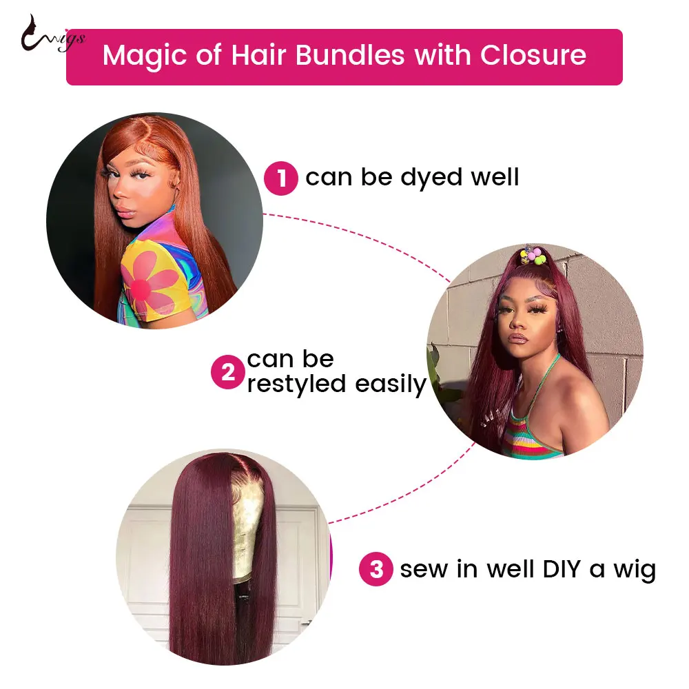 Mèches brésiliennes naturelles lisses avec Frontal, couleur bordeaux ombré 99j, avec Closure 5x5, lots de 3