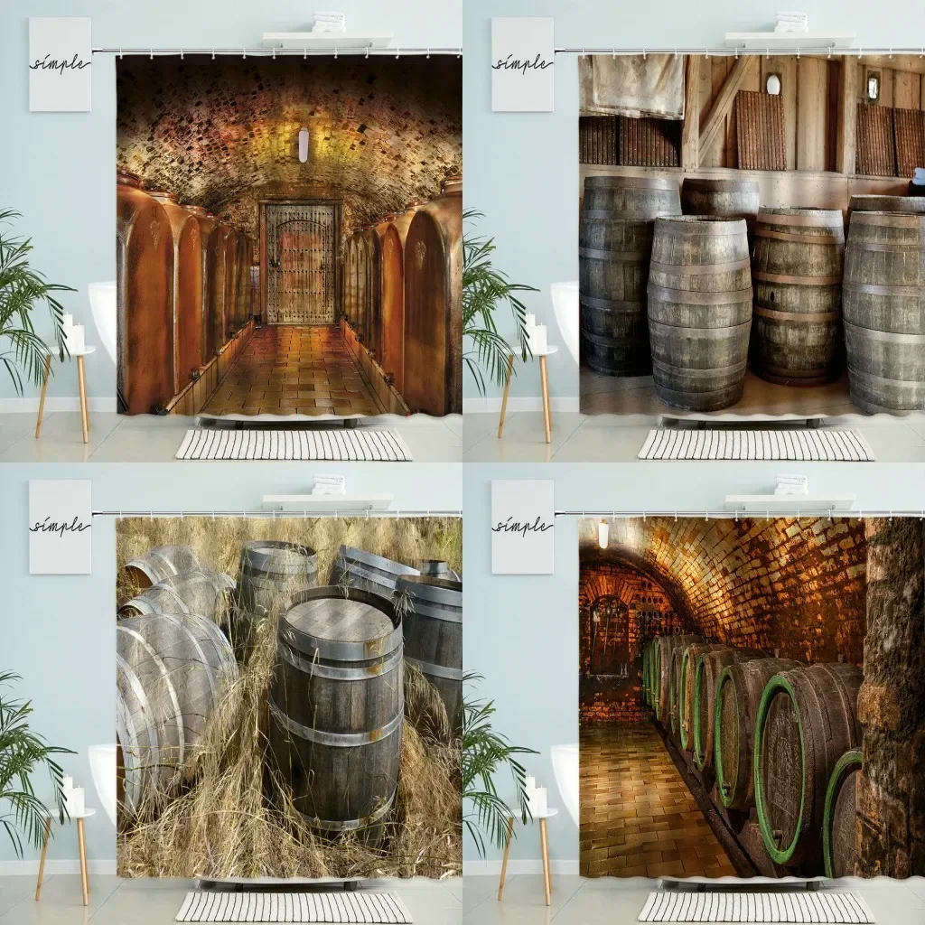 Vintage Old Wooden Wine Cellar Shower Curtain Oak Barrel Grape Country Farmhouse Bathroom Wall Decor With Hook Waterproof Screen