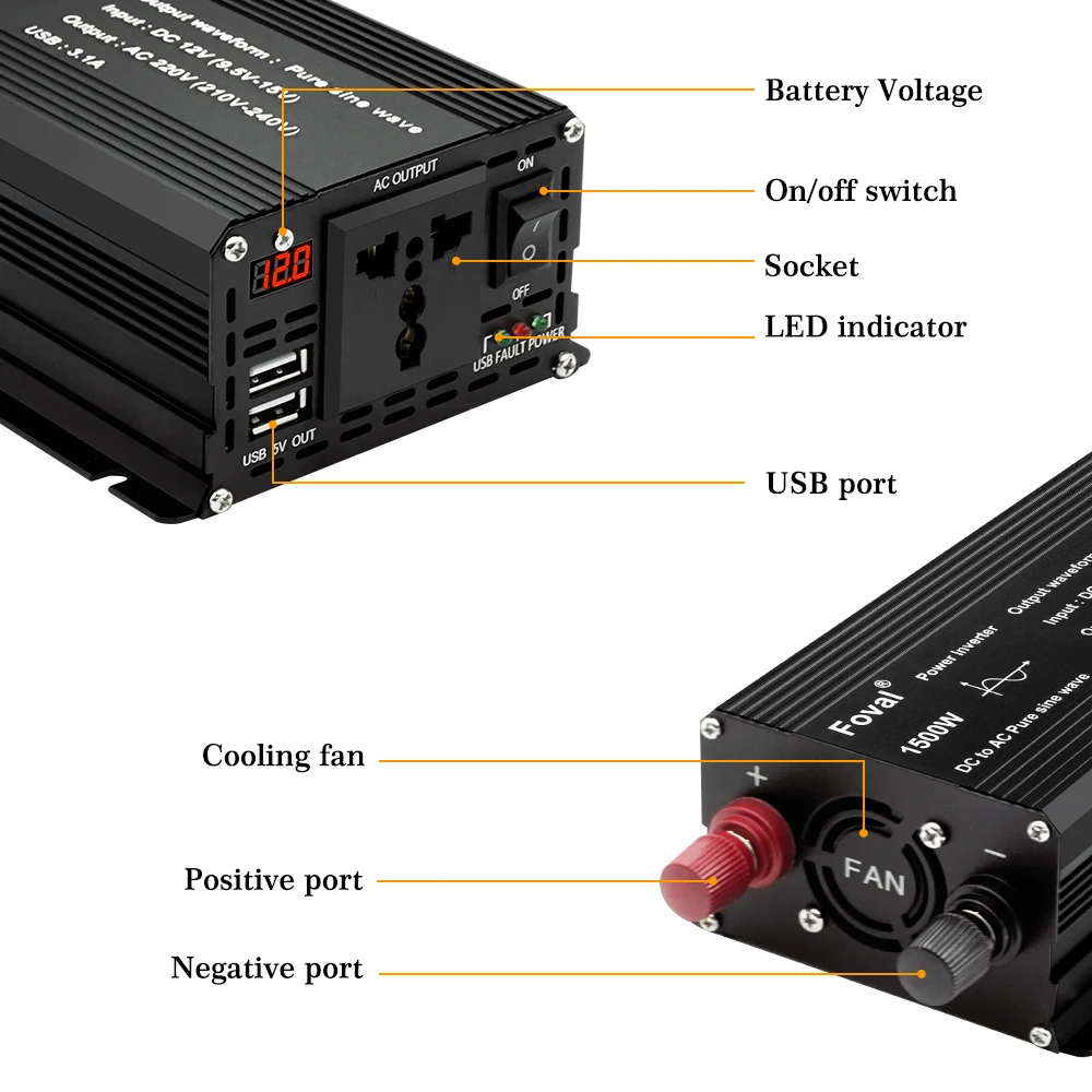 Foval Pure Sine Wave инвертор 12V 220V Car Inverter Power Converter Digital Display Power Charger Adapter Power Car Inverter