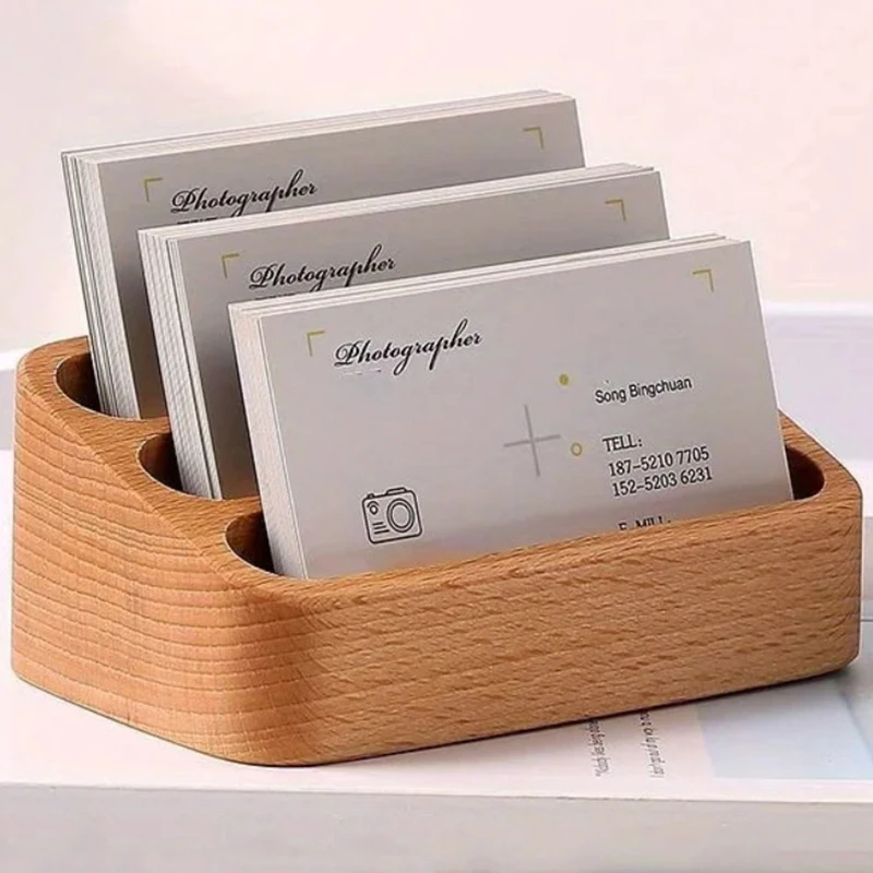 

1pcs Wood Desktop Business Card Display Stand Memo Holder Storage Box Wood Card Organizer For Office