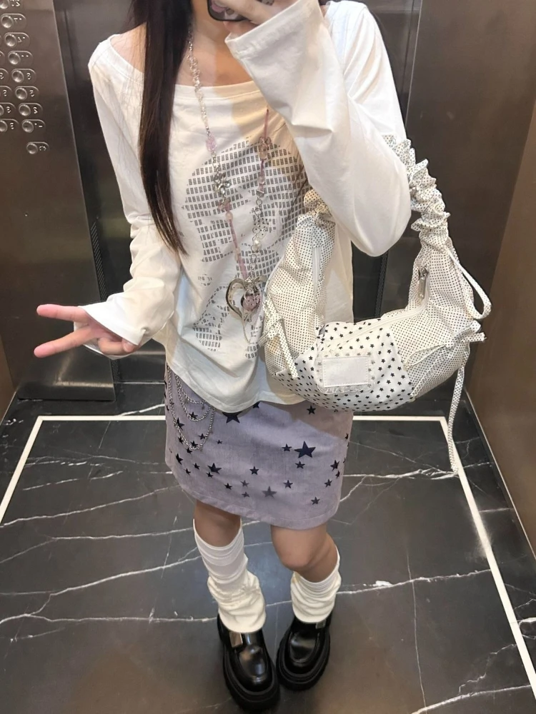 Deeptown Casual Białe Koszulki Graficzne Damskie Harajuku Vintage Koszulka z Długim Rękawem Y2k Gotycka Luźna Koszulka z Nadrukiem Kreskówkowym Streetwear