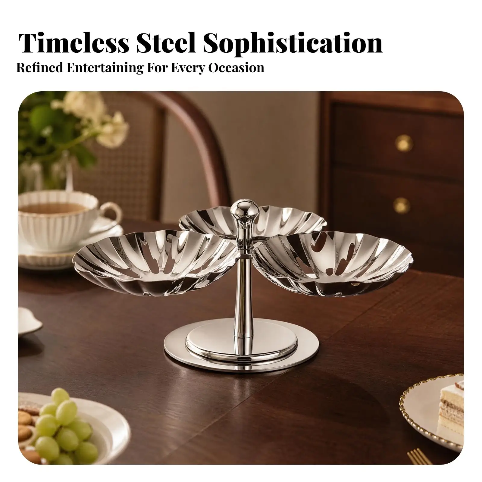 Stainless Steel Rotating Dessert Server 3 Head Pedestal Bowl with Openwork Rim for Cafe Ice Cream Fruit Display