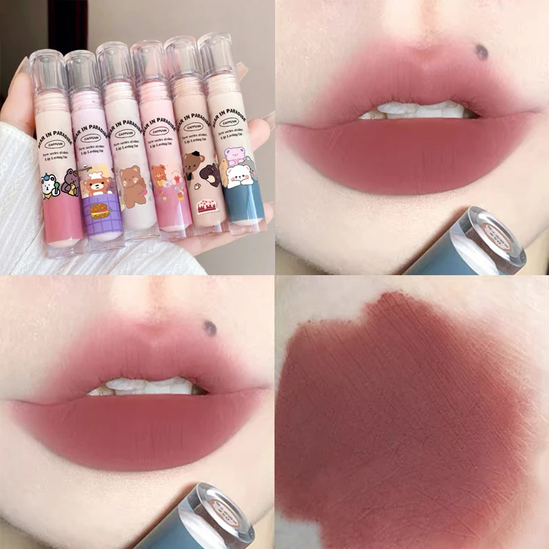 1/3pcs Lip Glaze Matte Liquid Lipstick Cute Bear Waterproof Velvet Brown Grey Pink Lip Mud Long Lasting Sexy Lip Tint Makeup