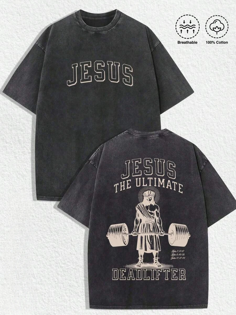 Jesus The Ultimate Deadlifter Graphic Tee - 1 PCS Vintage Distressed Design with Bold Front 'JESUS' Print and Artistic Back Illustration of Jesus Lifting Barbell - Made from 100% Breathable Cotton - Perfect Blend of Faith and Fitness