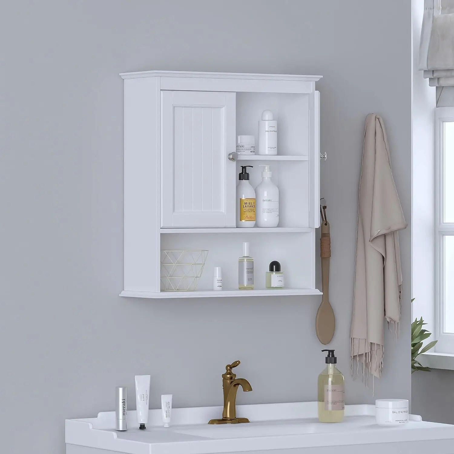 Cabinet Wall Mounted with Doors, Wood Hanging Cabinet with Doors and Shelves Over The Toilet, Bathroom Wall Cabinet White