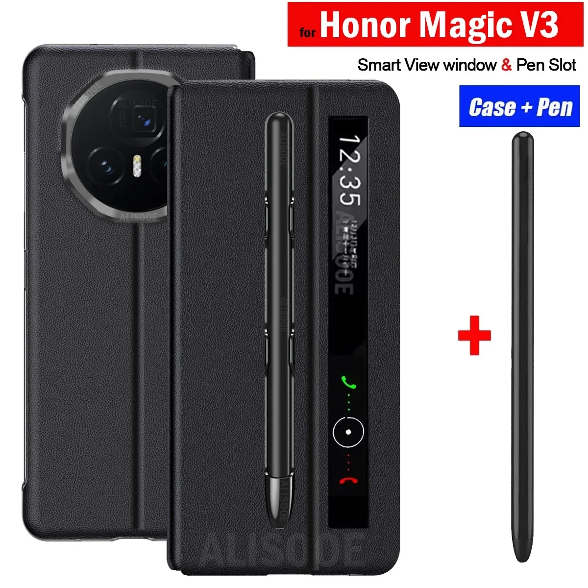 With Touch Pen Slot Flip Cover for Honor Magic V3 Case Leather Smart View Protection Phone Capa for Honor Magic V3 5G Funda