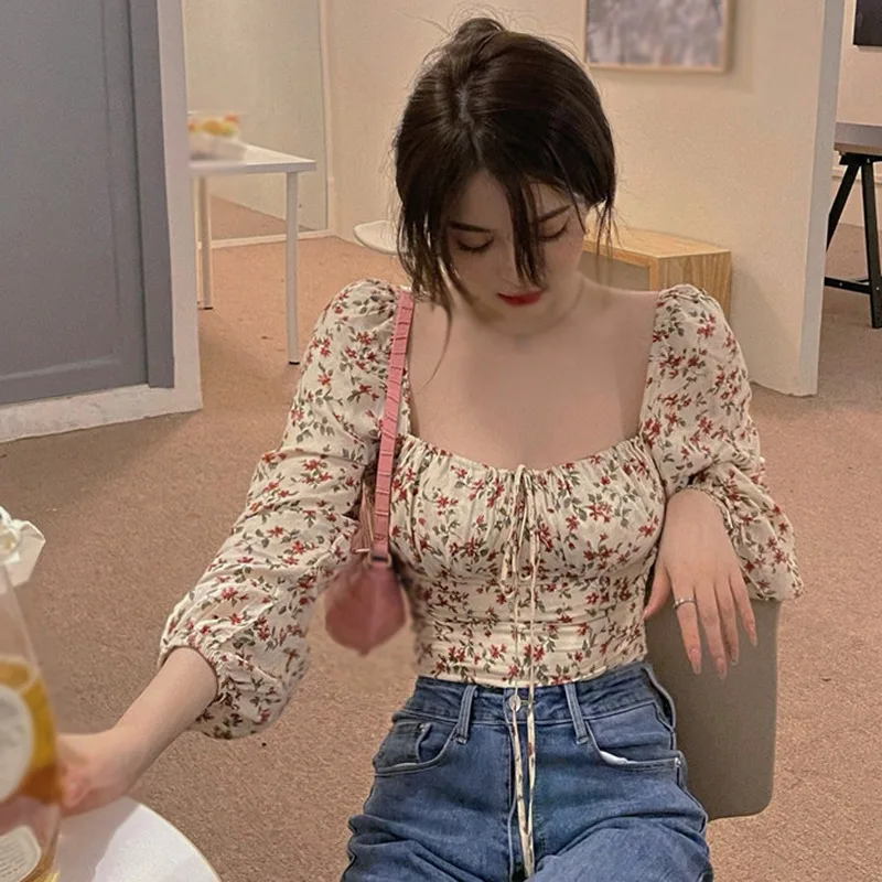 Summer Square Collar Blouse Women Floral Print FRetro Sweet Female Long Sleeves Chiffon Shirt Fashion Short Tops