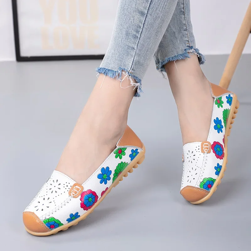 Women Flat Shoes Spring and Autumn New Fashion Flower Print Women Shoes Genuine Leathe Loafers Moccasins Flats for Women 35-44