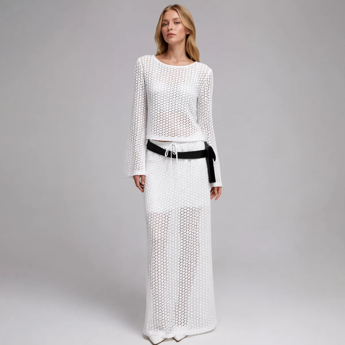 IG 2026 Women's Hollow Out Knit Two Piece Set, Flare Sleeve Cropped Top & Drawstring Waist Maxi Skirt With Bow Belt Matching view 2