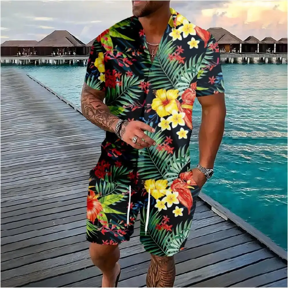 

Hawaiian Set 3D Summer Palm Print Men's Shirt Set, short-sleeved shirt, Casual large-sized Beach shorts, Streetwear