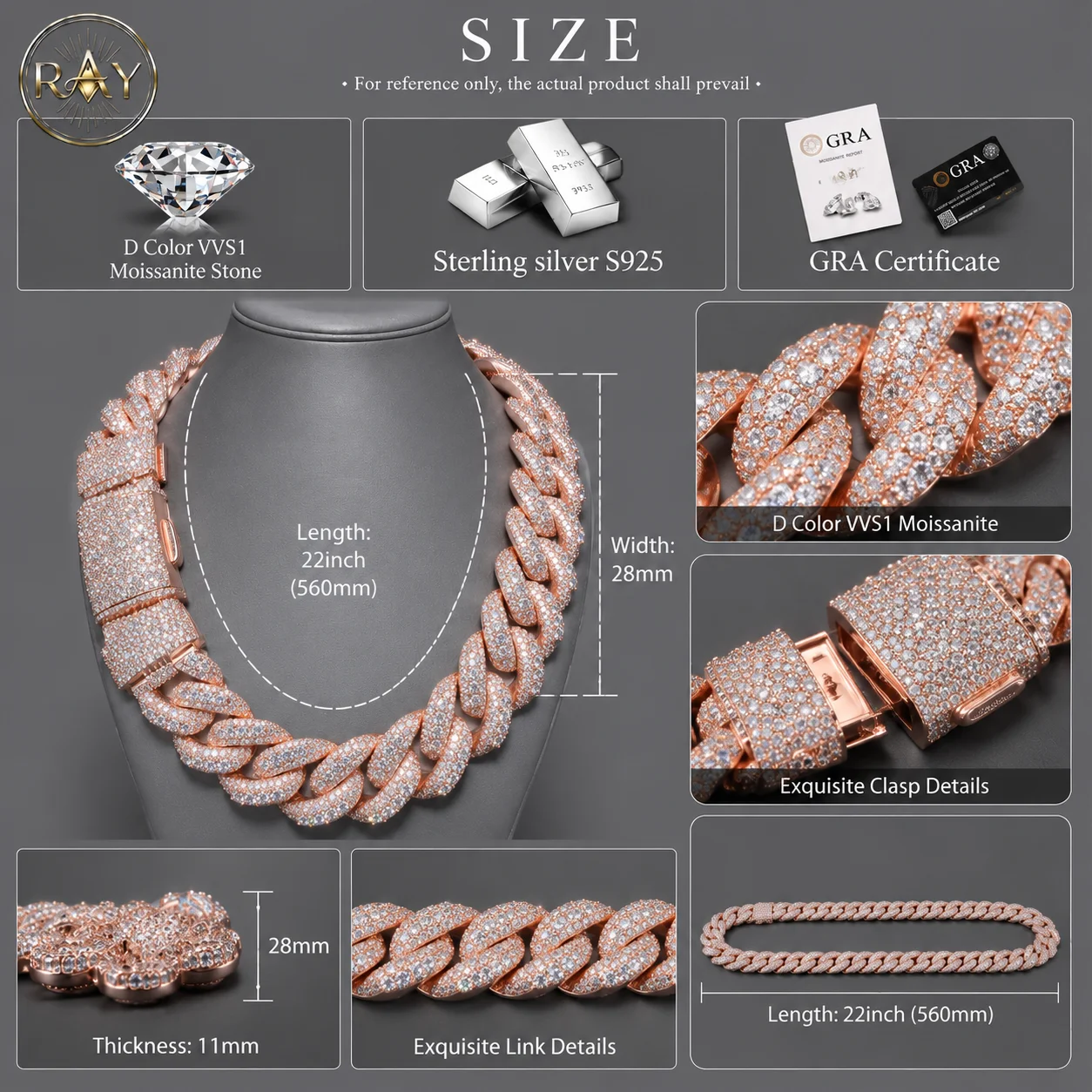 Arrival VVS .New Moissanite Sterling Silver Rose Gold Plated 28MM Lock Three Rows Raised Stone Cuban Link Chain GRA Necklace