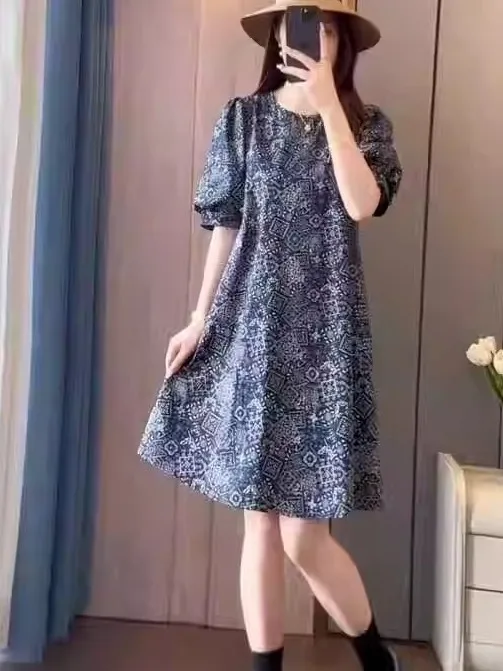 

plus Size Retro Floral Print Dr round Ne A-Line Skirt Slimming Casual Cotton Blend Spring Summer Women's Dr