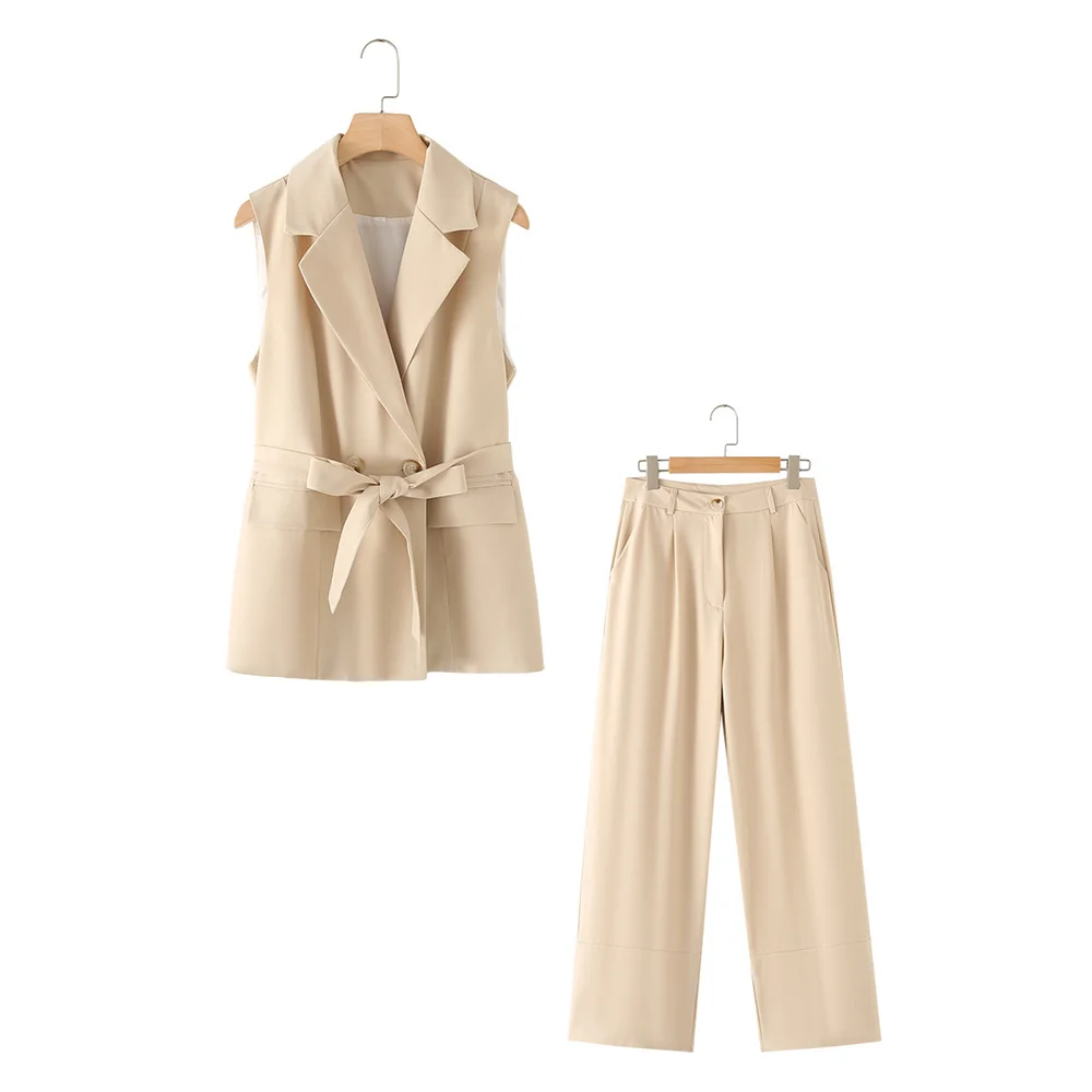 2024ZAR * Spring/Summer New Women\'s Fashion Solid Color Sleeveless Pants Set with Belt Decoration Vest