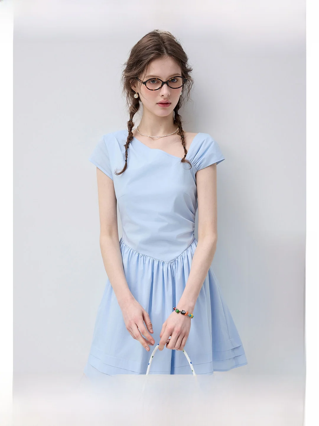 

Blue Breathable High Waist A-Line Dress VEGA CHANG Summer Commute Style Short Sleeve Gathered Skirt Waist-Cinching Dress