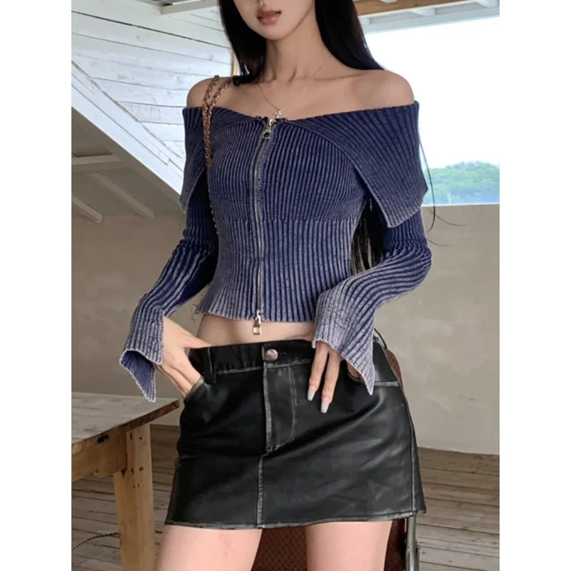 

2024 Autumn for Women Crop Tops Vintage Korean Retro High Street Gradient Sweater Cardigan Knit Jacket Tops