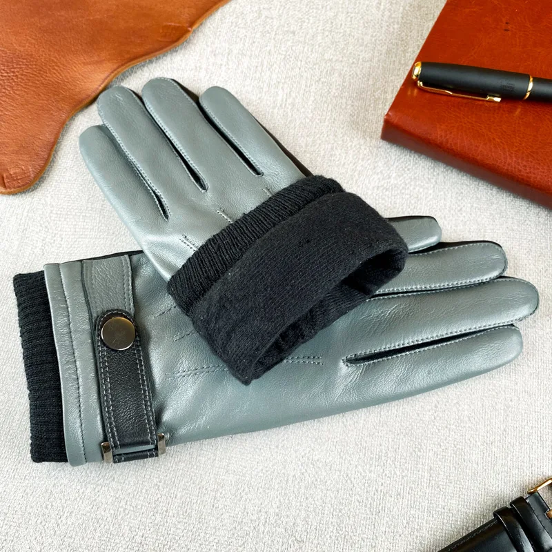 Men's Real Leather Gloves Thermal Plushed Lining Touchscreen Compatible Autumn Winter Sheepskin Business Driving Gloves YSM0069
