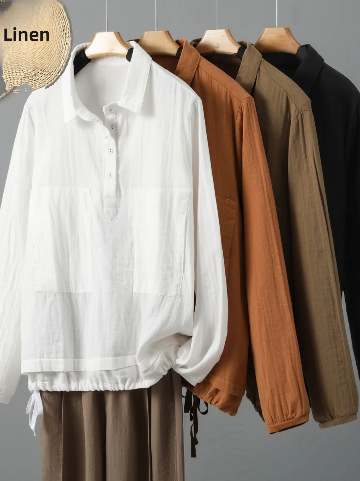 

Loose Fit Cotton Linen Long Sve irt Women's Casual Sle Vintage Sweatirt Full Cotton Top Age Reducing Spring Wear