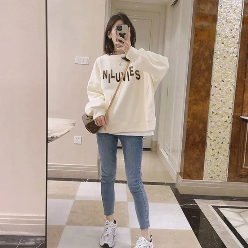 Women\'s Wear Autumn Winter Two Fake Pieces Sweatshirts New Long Sleeve Plush Thickening Printing Letter All-match O-collar Top