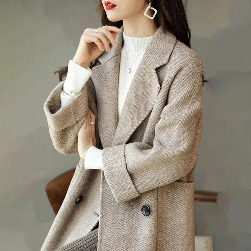 New Elegant Women Mid-length Woolen Coats Office Lady Autumn Winter Korean Loose Warm Thick Wool Blend Jackets Female Outerwear