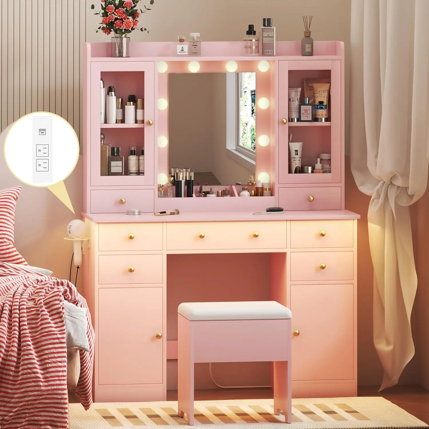 

Vanity Desk with Mirror and Lights, Pink Vanity Mirror with Lights Desk and Chair & Charging Station, Makeup Vanity Desk