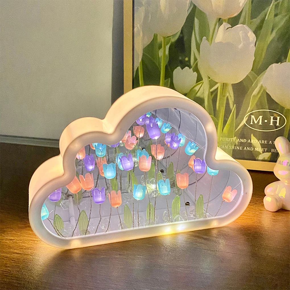 هدية إبداعية مصنوعة يدويًا يمكنك صنعها بنفسك Cloud Fortulip LED ضوء ليلي أبيض مزين باللون الوردي الساحر