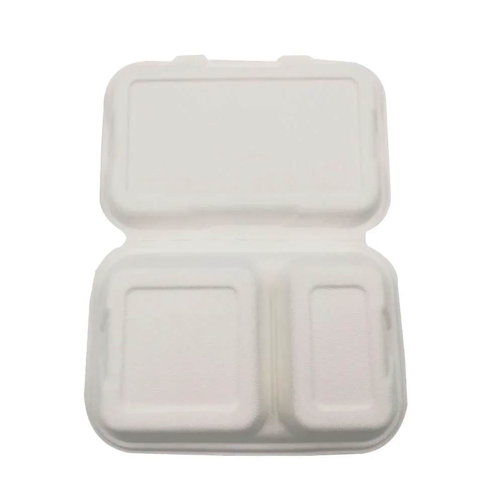Biodegradável cana-de-açúcar bagasse clamshell 9*6 polegadas 2 compartimentos 100% compostatável lancheira para levar 100 peças