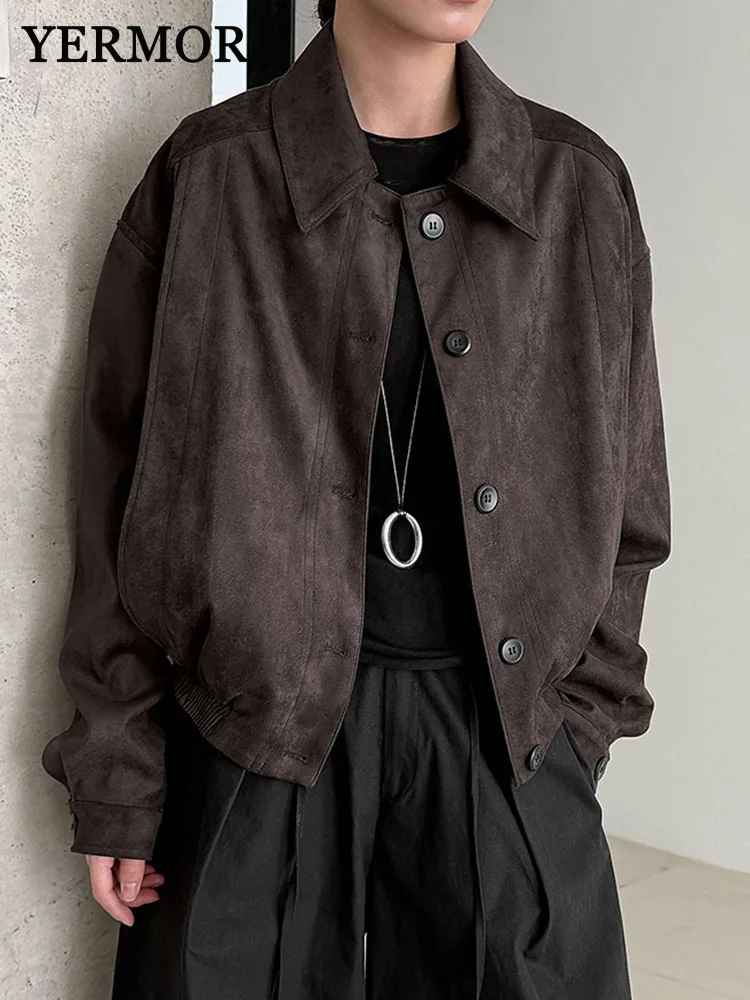 

YERMORA женская коричневая повседневная куртка из искусственной кожи на пуговицах с лацканами и длинными рукавами, новое свободное короткое пальто, модное пальто, весна-осень 2025