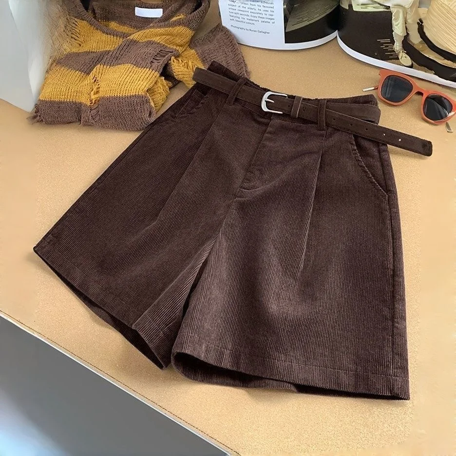 Women's Loose Corduroy Shorts High Waist Wide Leg Pants Autumn Winter New Style Slimming Korean Version Casual Boot Pants