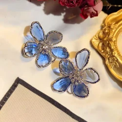 Fashion Silver Color Blue Crystal Flower Stud Earrings Open Ring Brooches for Women Accessories Sweet Girls Party Jewelry Gifts