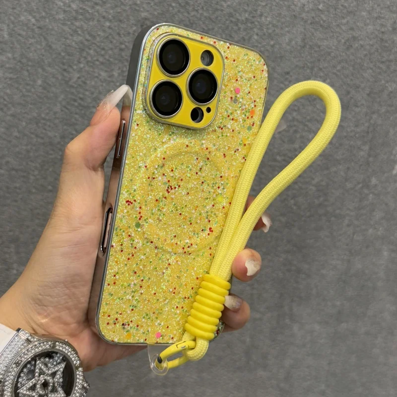 

Luxury Glitter Plating Frame Phone Case With Lanyard For iPhone 16 Plus 15 14 13 Pro Max Splashing Magnetic Wireless Charge Capa