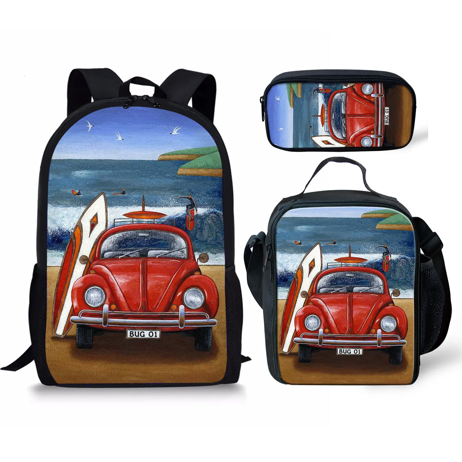 2026 Creative Cartoon Trendy Car 3Pcs/Set School Bag 3D Print Student Campus Daily Book Bag Laptop Daypack Lunch Bag Pencil Bag