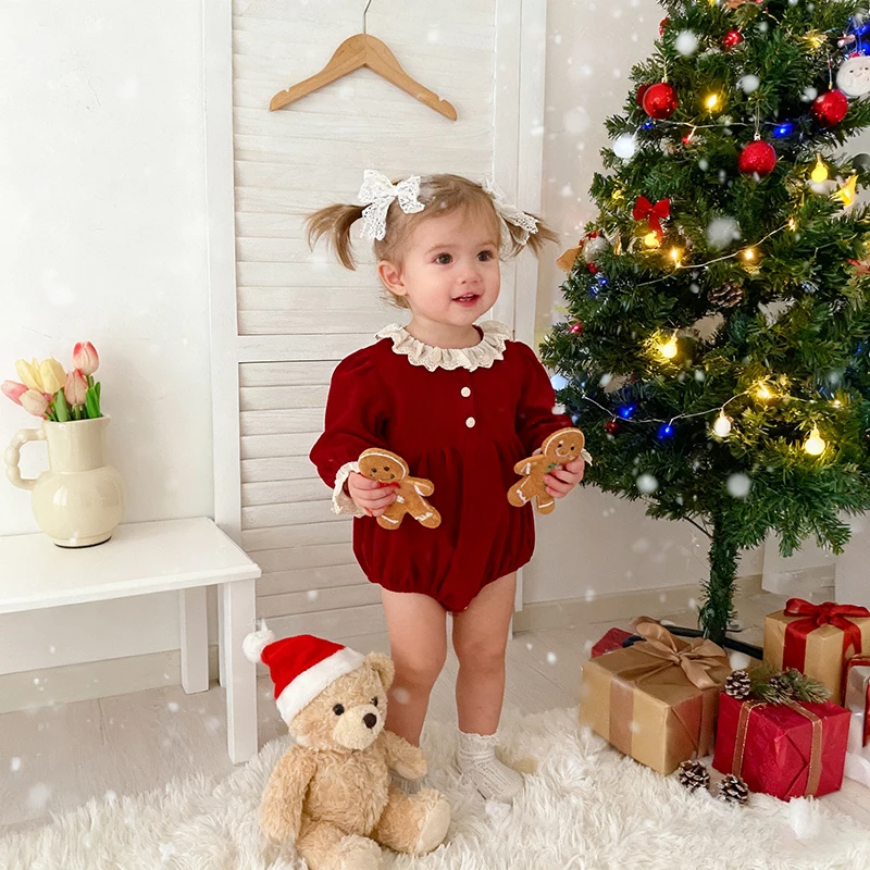 0-24 متر عيد الميلاد طفل رضيع فتاة الأحمر رومبير الدانتيل طوق الربط الخريف الرضع طفل الفتيات طويلة الأكمام بذلة ملابس الطفل
