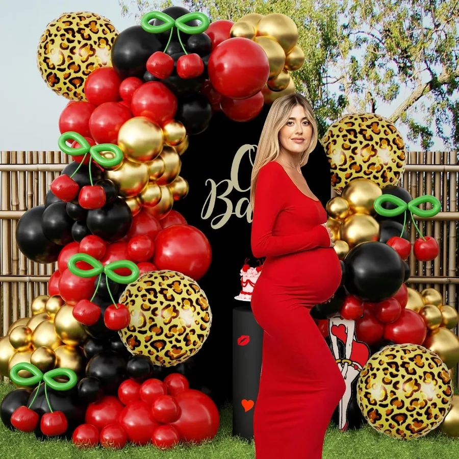 182 قطعة زينة حفلات بيتي ليوبارد الفهد طباعة زينة الحفلات الأحمر والأسود الكرز طقم قوس بالون مع الفهد الذهبي B