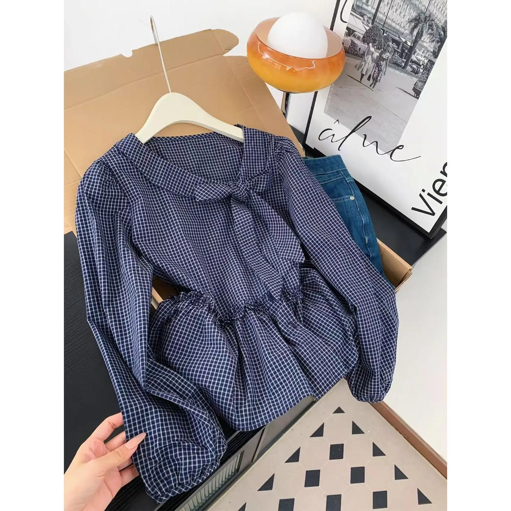 

Blue Plaid Long Sve Women's irt Bow Tie Belt High-End Early Spring Faion Cotton Pure Straight Cut French Sle Top