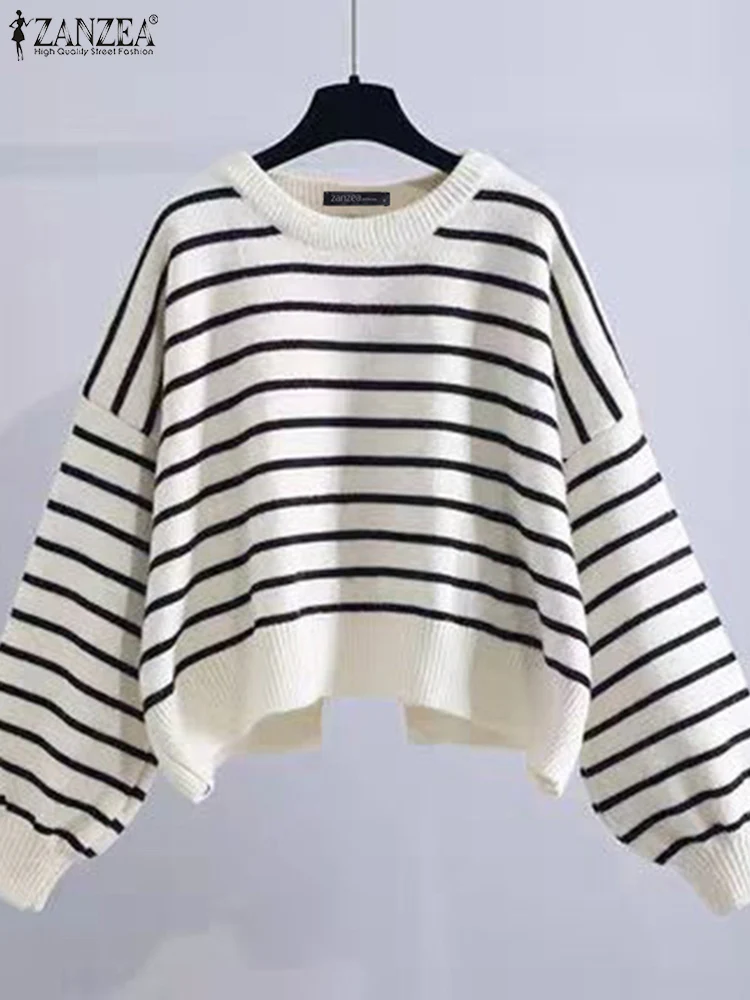 

ZANZEA Autumn Drop Shoulder Sleeve Sweatshirts Women Loose Round Neck Pullover Korean Casual Stripes Blouse Fashion Knit Tunic