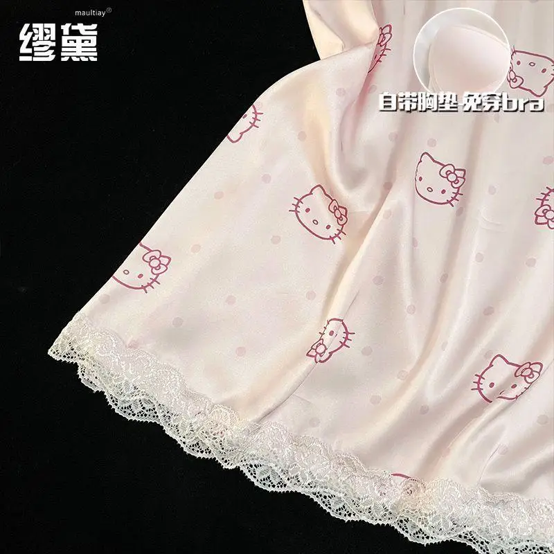 سانريو بيجامة عصرية هالو كيتي تنورة ليلية من الحرير الجليدي مع وسادة صدر بيجامات نسائية صيفية حبال ملابس منزلية مثيرة صيفية #5