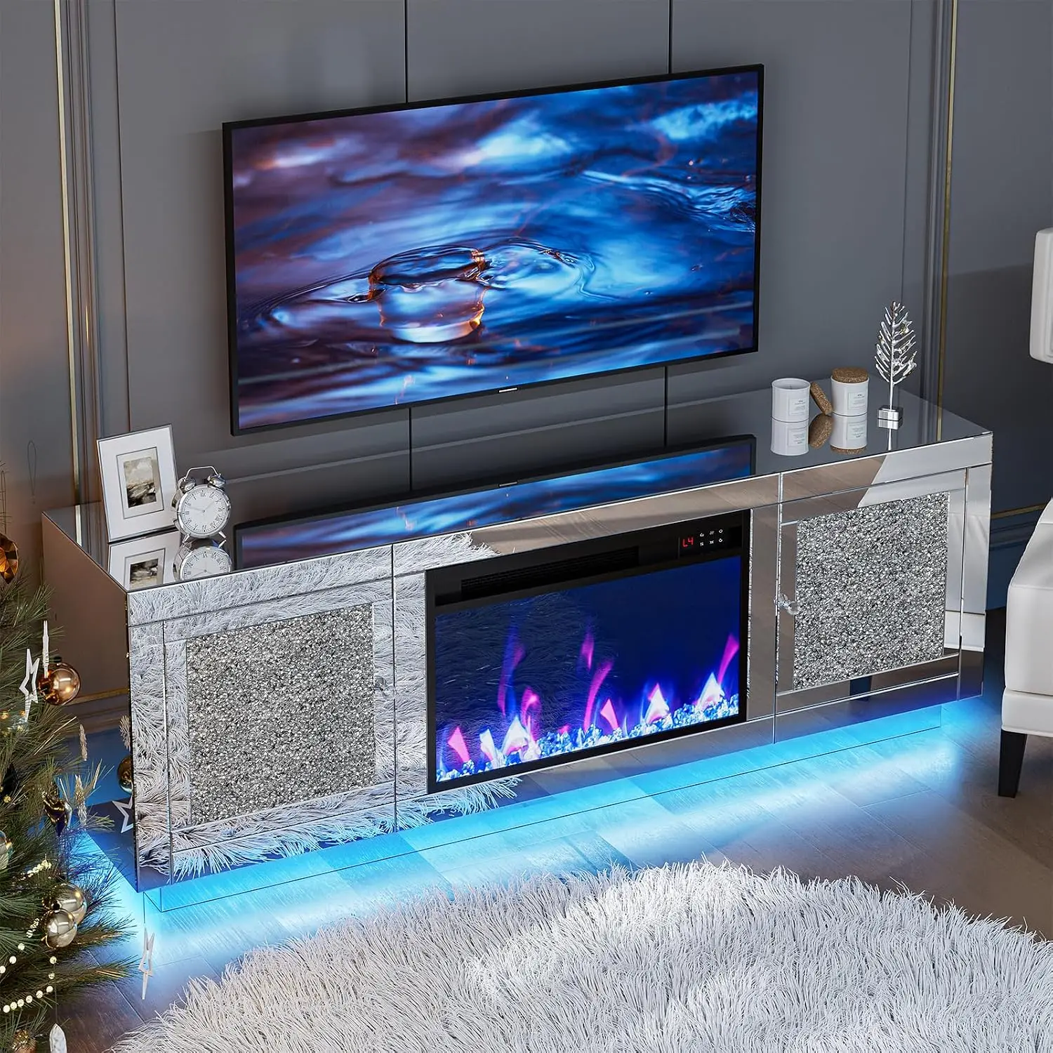Silver Mirrored Fireplace TV Stand With Crushed Diamond & LED Light, Media Center Storage For Living Room, Customized