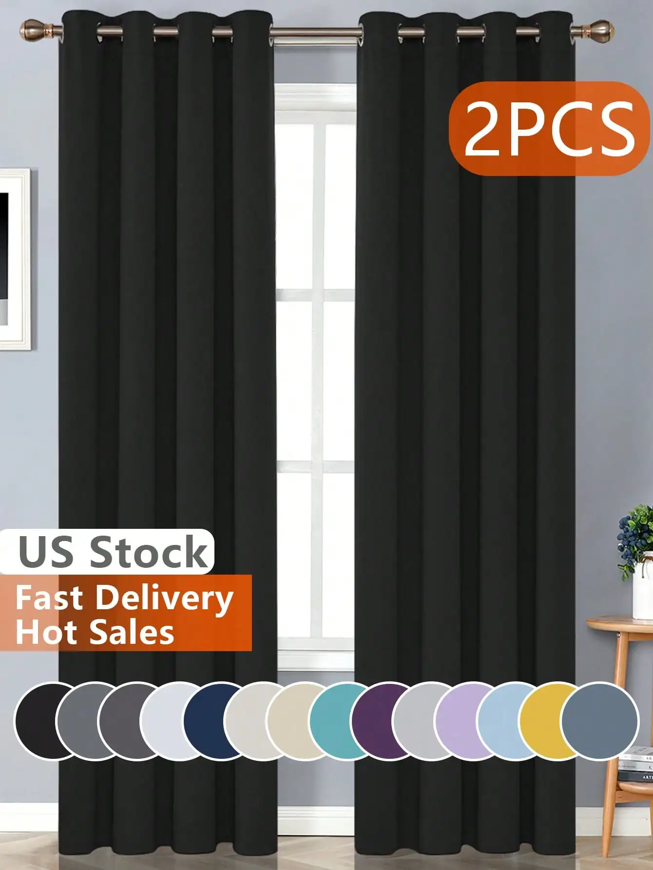 Textiler 2pcs Black Blackout Curtains With Metal Rings, Thermal Insulated Window Curtains For Bedroom And Living Room SH2307046702954352