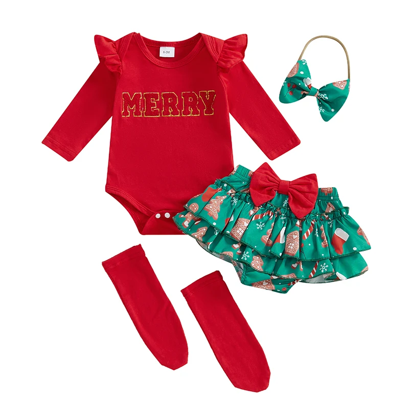 Baby Girl Christmas Outfits Letter Embroidery Long Sleeve Romper with Ruffled Shorts and Headband Socks 4Pcs Set