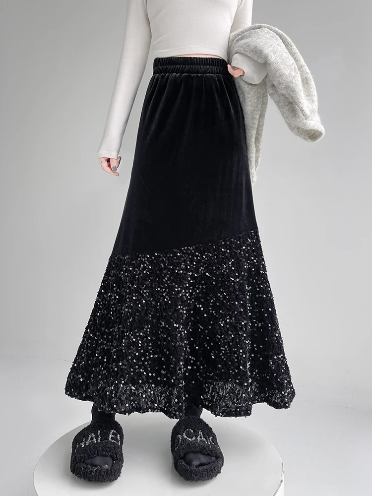 Sequins Black Skirts Women Velvet Elastic Waist Mermaid Skirts 2025 New Korean Fashion Elegant Party Club Long Fishtail Skirts
