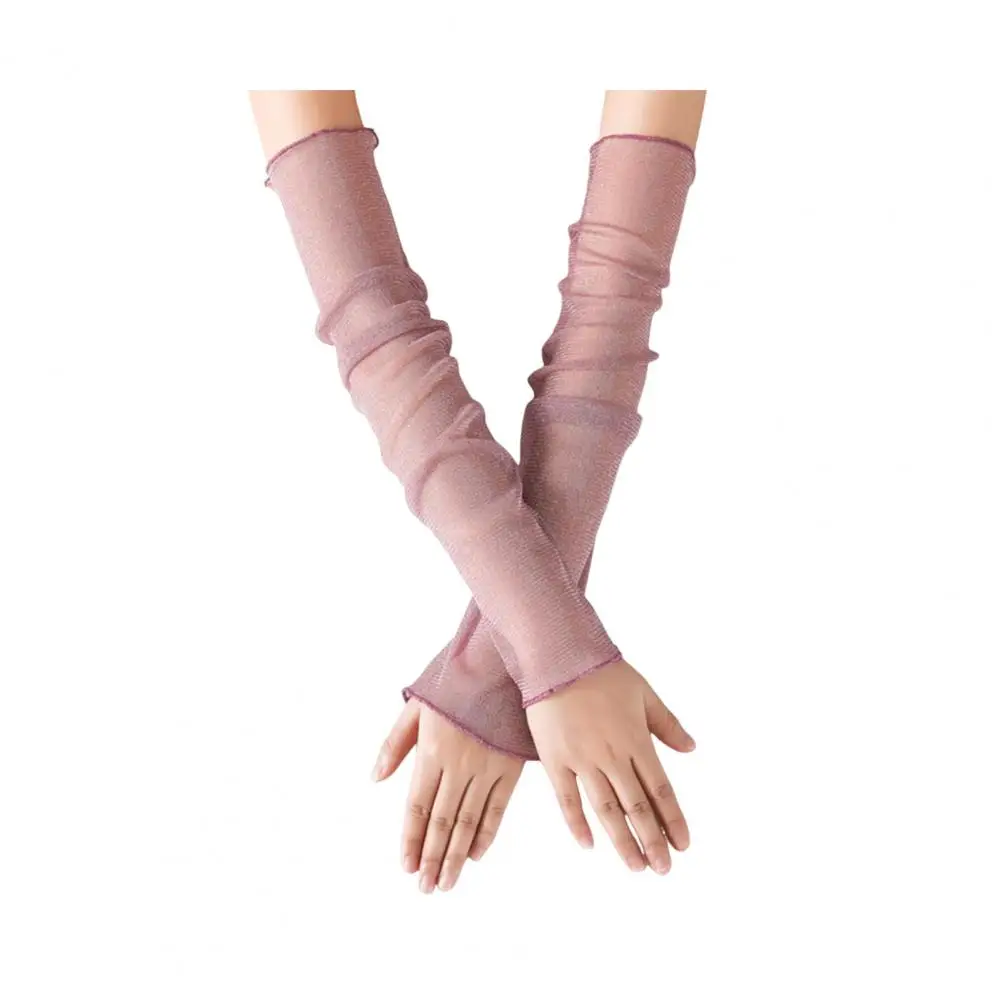 Mangas de brazo de diseño transparente, elegantes mangas de brazo de malla transparente para mujer con detalles de encaje para protección solar, refrigeración para exteriores