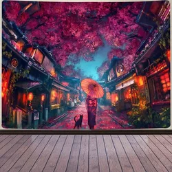 Japanese Anime Tapestry Ancient Japanese Night Street Landscape Tapestry, Cherry Blossom Lantern Tapestry Large 80