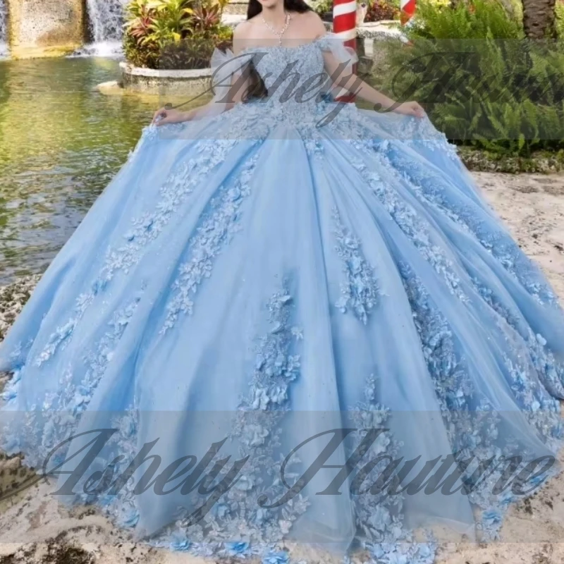 Maßgeschneidertes bezauberndes himmelblaues Ballkleid für 15-Jährige Quinceanera-Kleider 2025, Applikationen, süßes 16-Abschlussball-Anlass-Abend-Partykleid